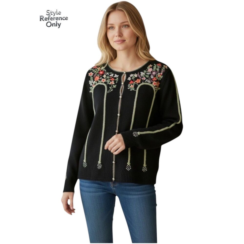 Embroidered Floral Boho Cottage Cardigan Sweater Navy Size Large EUC
